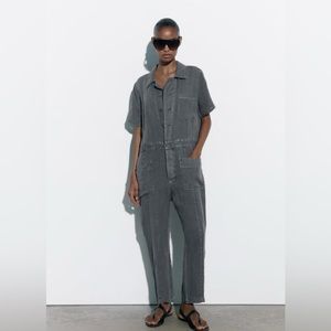 Zara 100% Linen Grey Short Sleeve Jumpsuit
